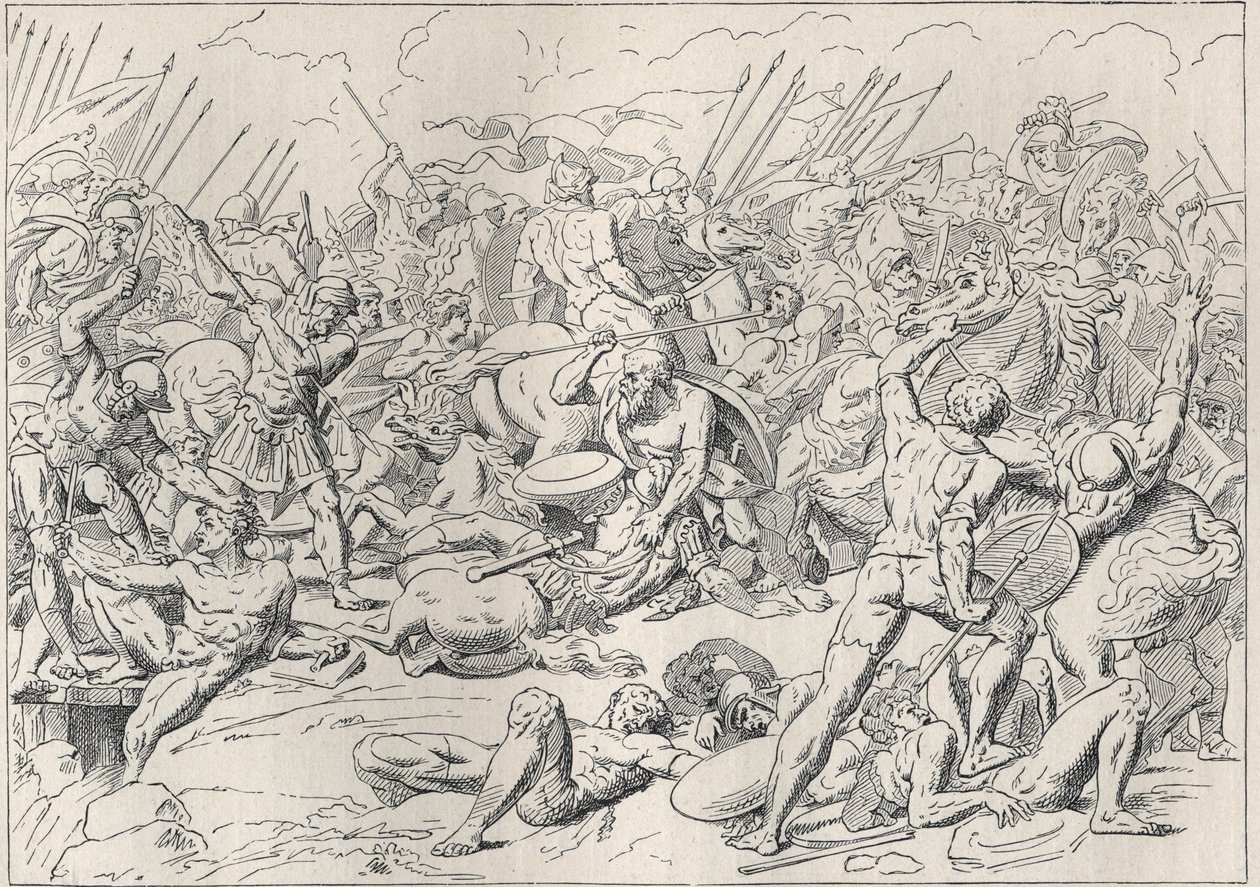 Peloponnesoksen sota: Potideen taistelu (La battaglia di Potidea), jossa kreikkalainen filosofi Sokrates pelasti hänen henkensä Alkibiadessa. (kaiverrus d