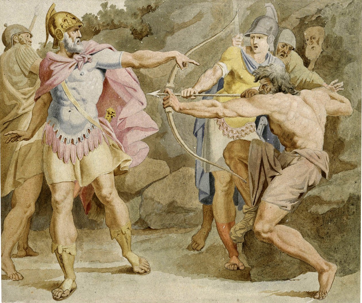 Philoktetes tähtää Ulyssekseen Herkuleen jousella - Asmus Jacob Carstensin (1754-1798) työ, muste ja akvarelli paperille (49,5x58,5 cm) tekijältä Asmus Jacob Carstens