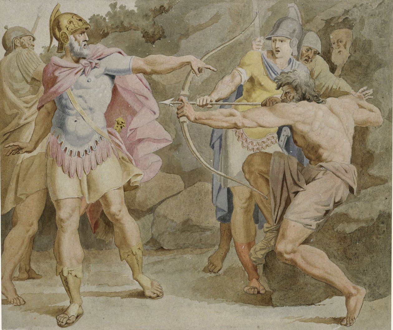 Philoktetes tähtäämässä Herkuleen jousella Odysseukseen, 1790 tekijältä Asmus Jacob Carstens