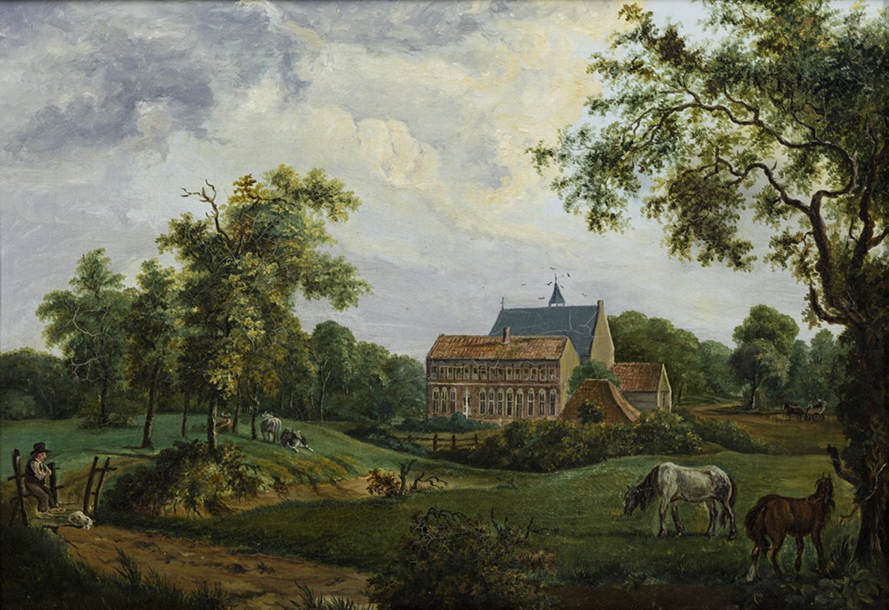 Klooster Ter Apel tapasi de oorspronkelijke bovenverdieping op de Noordvleugel, een jaar voor de afbraak vuonna 1834 tekijältä Assuerus Quaestius