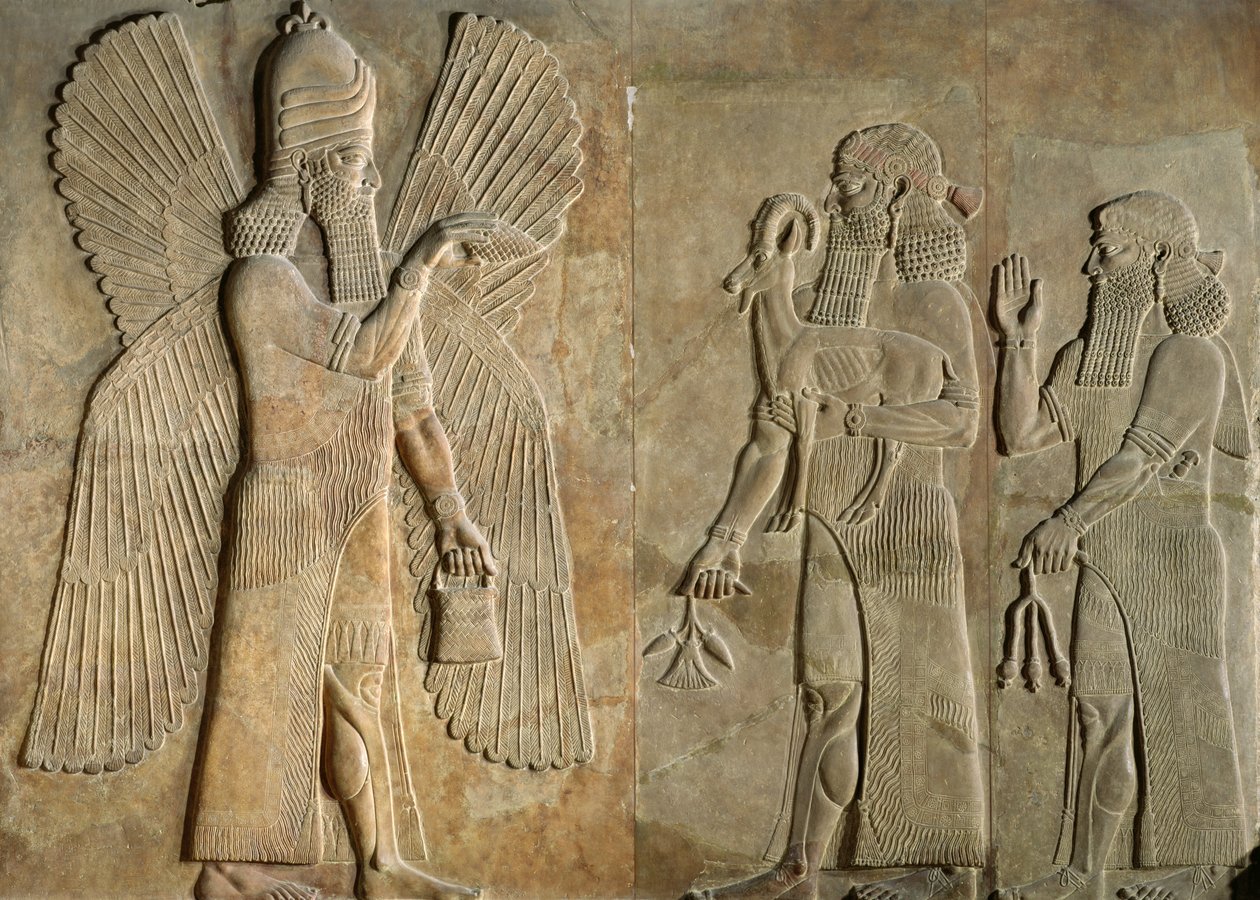 Friisi, joka kuvaa siivellistä henkeä, sargonia tai pappia kantamassa gasellia ja palvojaa kantamassa unikonvartta Sargon I:n palatsista Khorsabadista Irakista tekijältä Assyrian