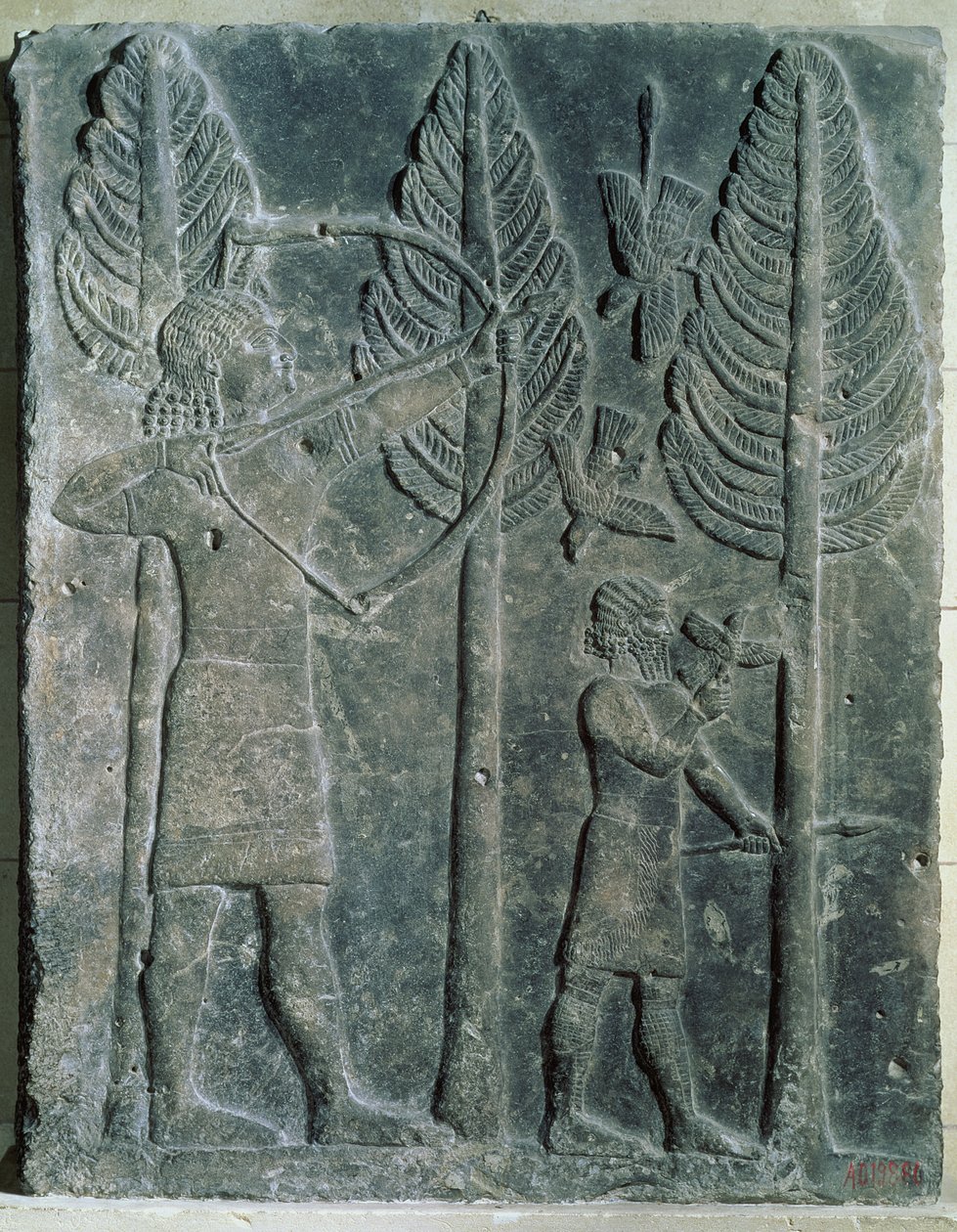 Reliefi, joka kuvaa lintujen metsästystä metsässä Sargon II:n palatsista Khorsabadissa, Irakissa (kipsi) tekijältä Assyrian