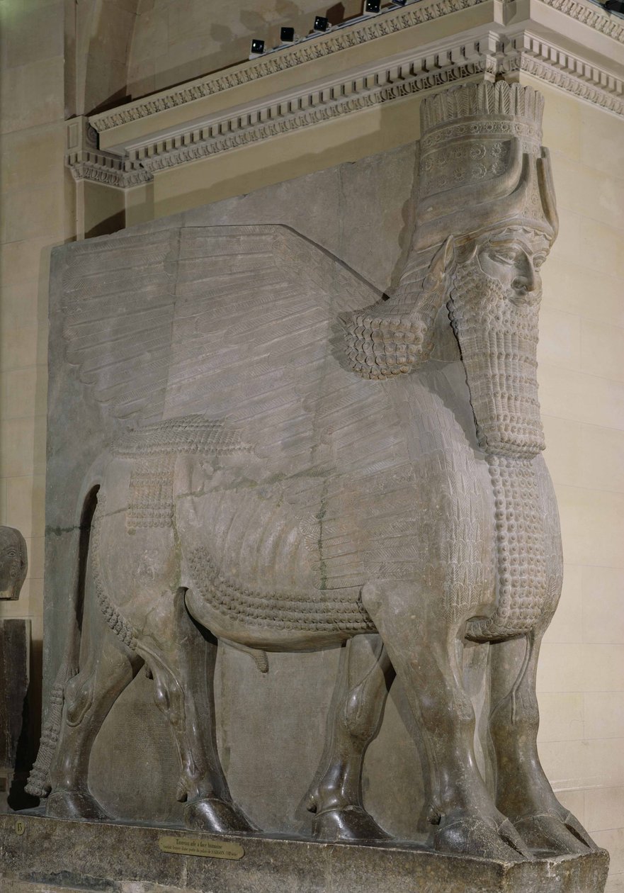 Siivekäs härkä kuningas Sargon II:n palatsin julkisivusta Khorsabadissa, Irakissa (kipsi) tekijältä Assyrian