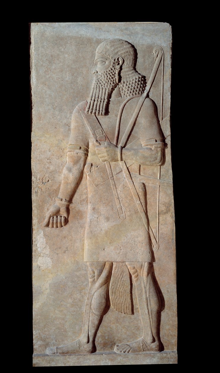 Taide Mesopotamia (Assyria): Assyriäinen soturi Assyrian kuninkaan Sargon II:n (721 - 705 eKr.) palatsin pihalta. Pariisi, Musee du Louvre tekijältä Assyrian
