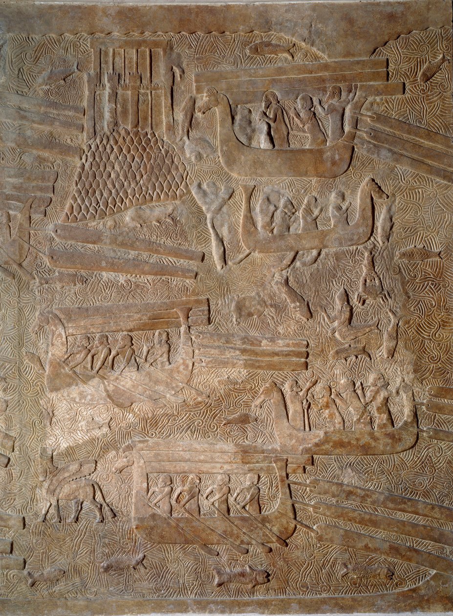 Taide Mesopotamia (Assyria): Assyrian kuninkaan Sargon II:n (721 - 705 eKr.) palatsin piha, setripuun kuljetus Libanonista. Pariisi, Musee du Louvre tekijältä Assyrian