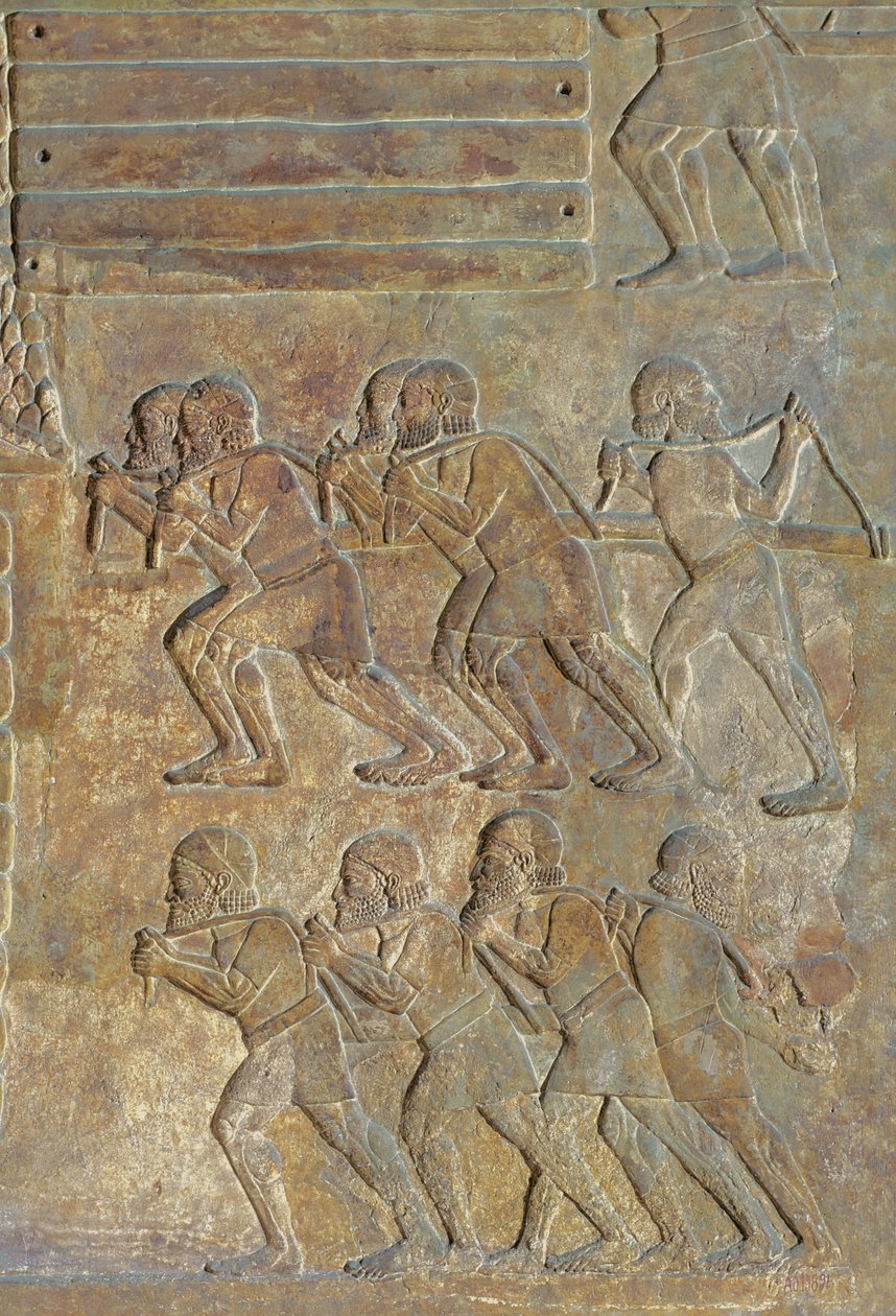 Yksityiskohta kohokuviosta, joka kuvaa puun keräämistä rantaan ennen merikuljetusta, Sargon II:n palatsista, Khorsabadista, Irakista tekijältä Assyrian