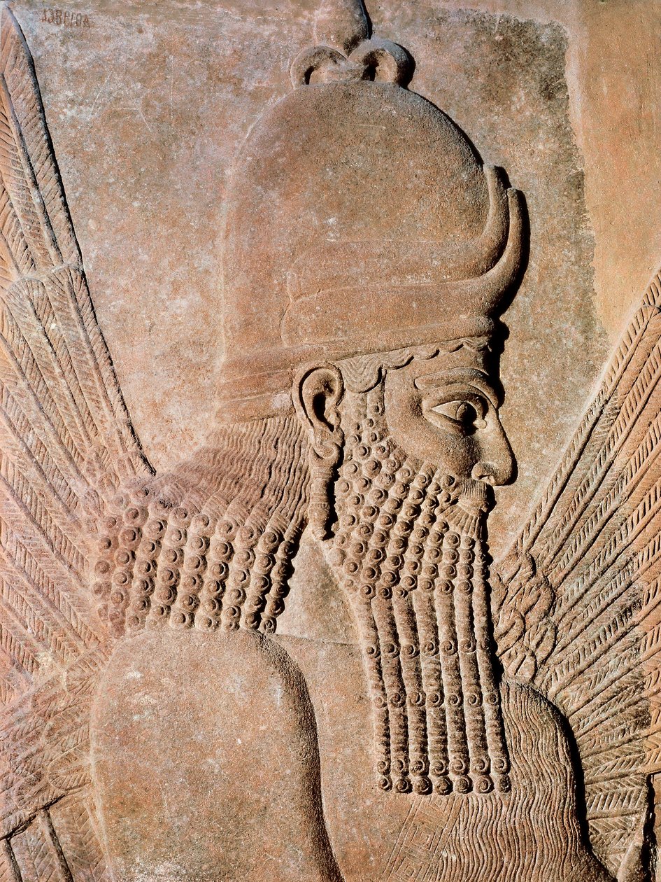 Yksityiskohta alabasterireliefistä, joka edustaa suojaavaa siipi Genieä, Sargon II:n (Dur Sharrukin), Assyrian kuninkaan palatsista Khorsabadissa, Irakissa. 722-705 eKr. (alabasterireliefi) tekijältä Assyrian