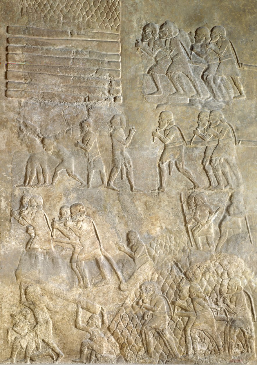 Reliefi, joka kuvaa kantajia, jotka tuovat puuta rannikolle merikuljetukseen. Sargon II:n palatsista, Khorsabadista, Irakista tekijältä Assyrian