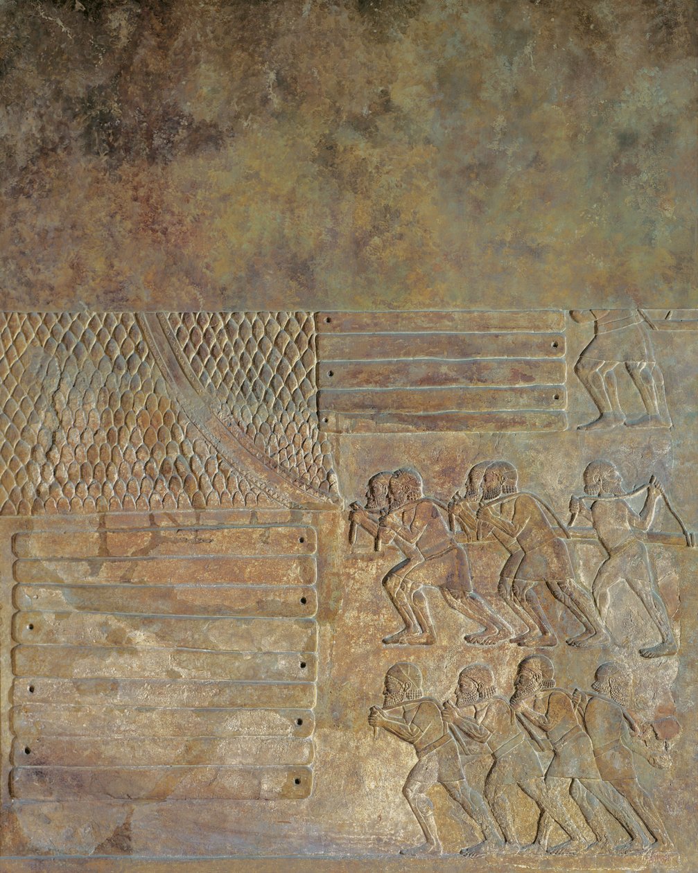 Reliefi, joka kuvaa puun varastointia rannalla ennen merikuljetusta, Sargon II:n palatsista, Khorsabadista, Irakista (kivi). tekijältä Assyrian
