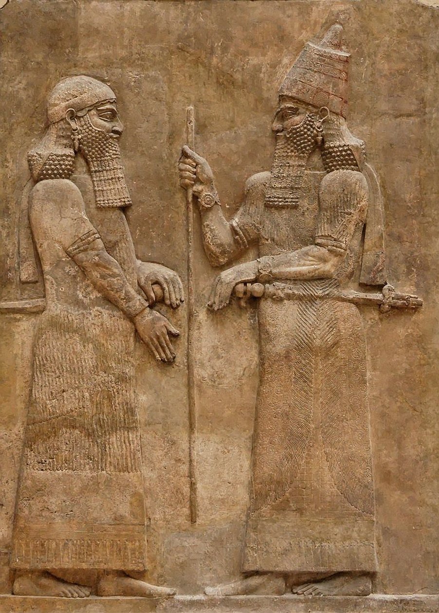 Sargon II ja arvomies, helpotus kuningas Sargonin palatsista Khorsabadissa, n. 716-713 eKr. tekijältä Assyrian