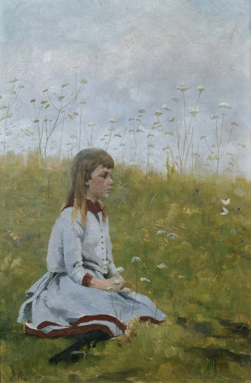 Tyttö kukkaniityllä, n. 1885 (öljy kankaalle) tekijältä Asta Nørregaard