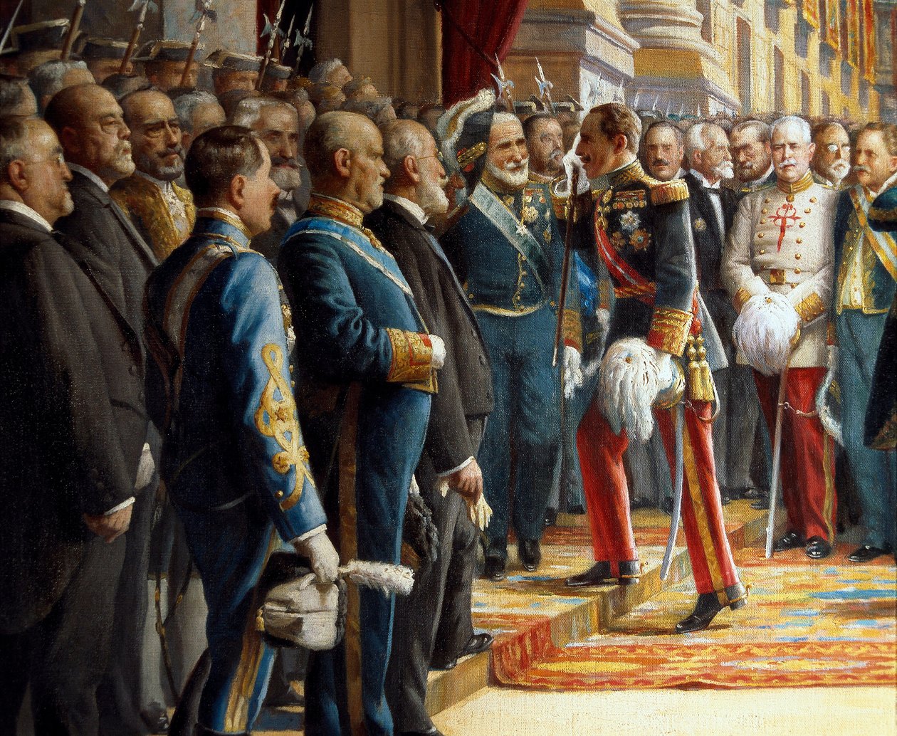 Cortesin avaaminen senaatissa, yksityiskohta Espanjalainen Alfonso XIII (1886-1941) tervehtii Antonio Maura y Montaneria (1853-1925) hänen astuessaan senaattiin 24. kesäkuuta 1920 tekijältä Asterio Mañanós Martínez