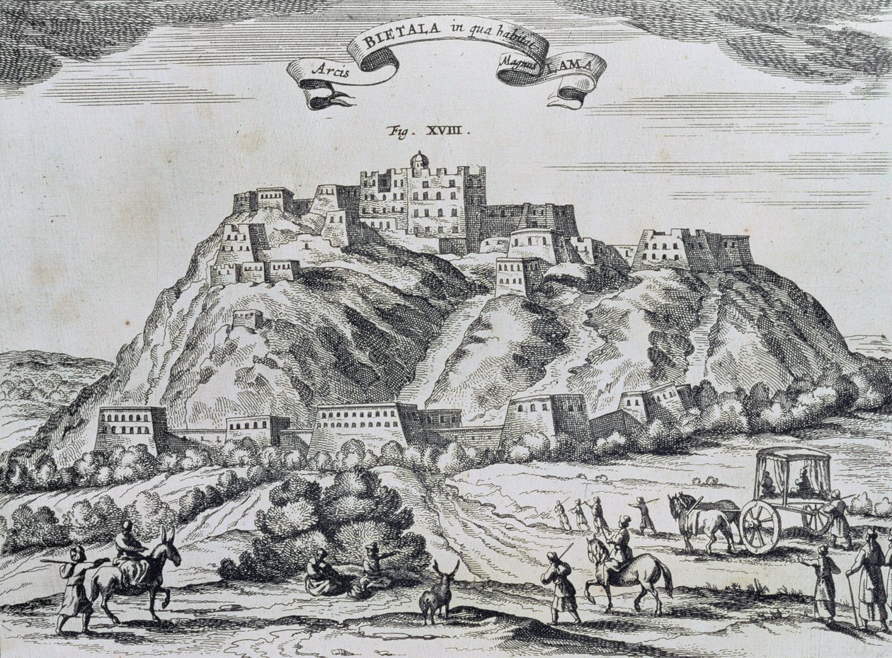 Näkymä Lhasaan, Tiibetin pääkaupunkiin, "China Monumentis", painettu Amsterdamissa vuonna 1667 tekijältä Atanasio Kirchen