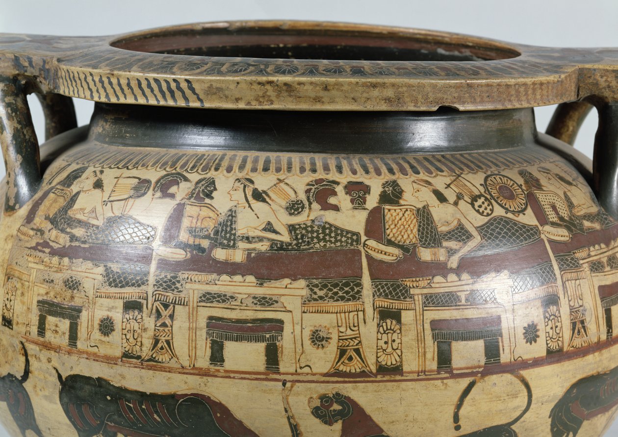 Yksityiskohta korinttilaisesta kraterista, jossa on juhlakohtaus, noin 590-575 eaa. (keramiikka). tekijältä Athana Painter