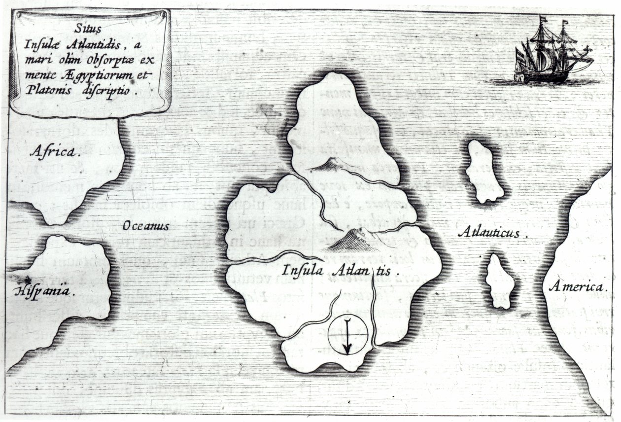 Atlantiksen kartta, teoksesta "Mundus Subterraneus", 1665-68. tekijältä Athanasius Kircher
