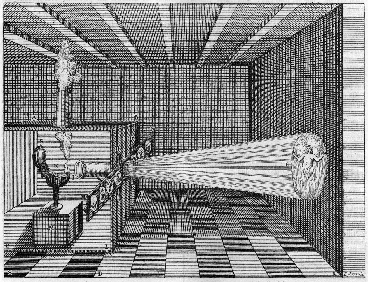 Camera obscura (Magic Lantern) heijastaa kuvan helvetissä palavasta miehestä - (Magic lyhty. Isä Kircherin taikalyhty. Varhainen lyhty diaprojektori) Athanasius Kircherin "" Ars Magna Lucis Et Umbrae"" tekijältä Athanasius Kircher