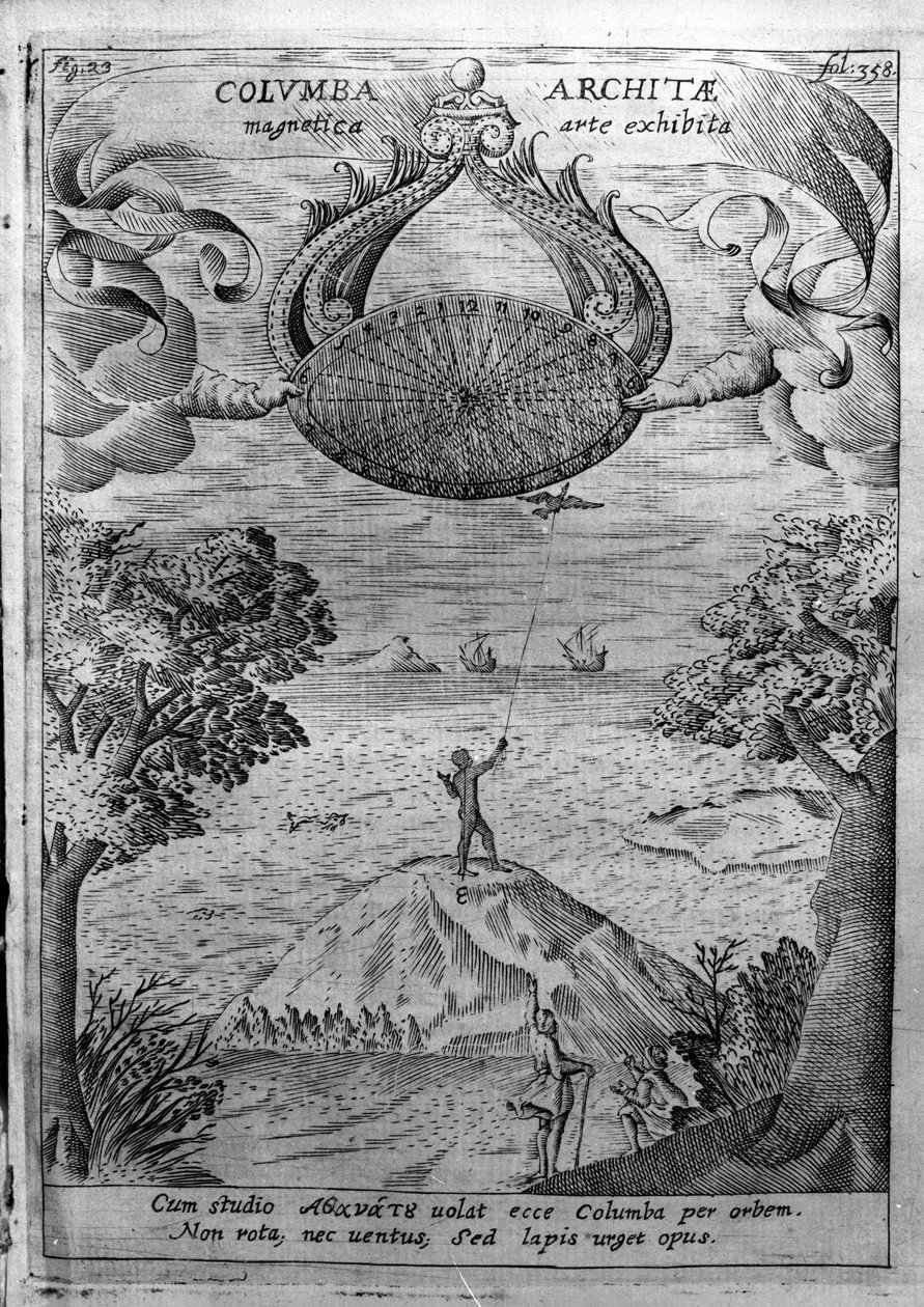 Taranton Archytas (435-347 eKr.) lentää puukyyhkystä. Athanasius Kircherin (1601-1680), jesuiitta, orientalisti ja tutkija, kaiverrus "Mundus Subterraneuksesta". tekijältä Athanasius Kircher