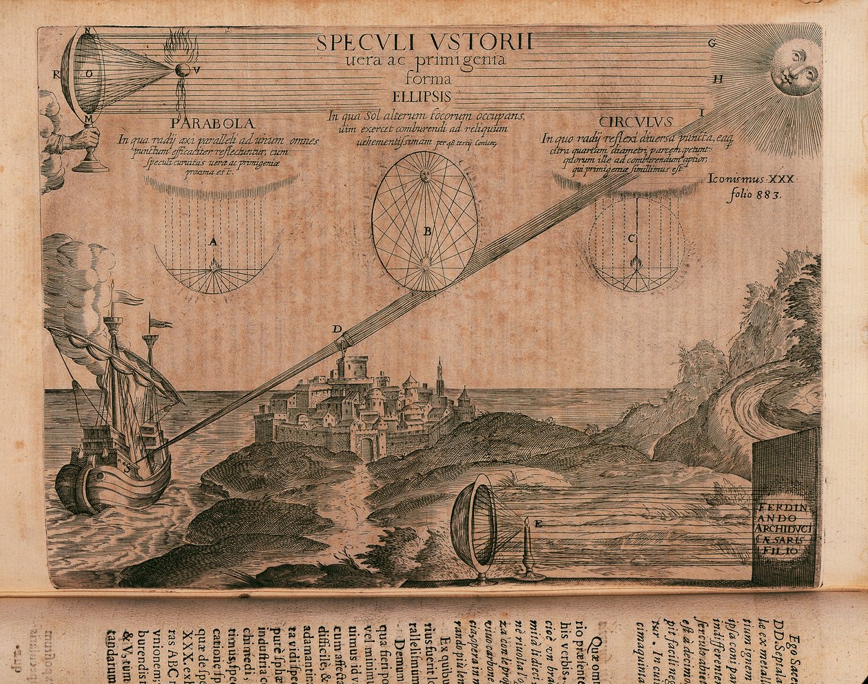 Arkhimedesen palavat peilit, kaiverrus Ars magna lucis et umbraesta (suuri valon ja varjon taide), Athanasius Kircher (1602-1680), Rooma tekijältä Athanasius Kircher