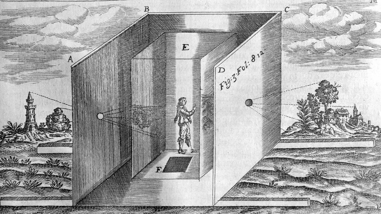 Pimeä huone Athanasius Kircherin, Lucisin ja Umbran Rooma 1600 mukaan tekijältä Athanasius Kircher