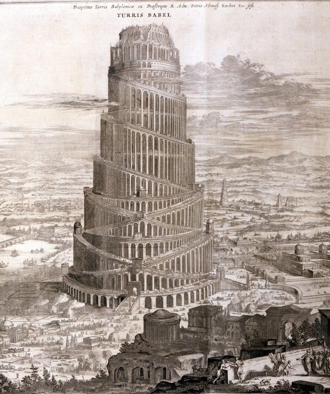 Baabelin torni. Athanasius-kirkon jälleenrakennus teoksessaan "Turris Babel" tästä tornirakennuksesta ja varhaisen ihmiskunnan historiasta. tekijältä Athanasius Kircher