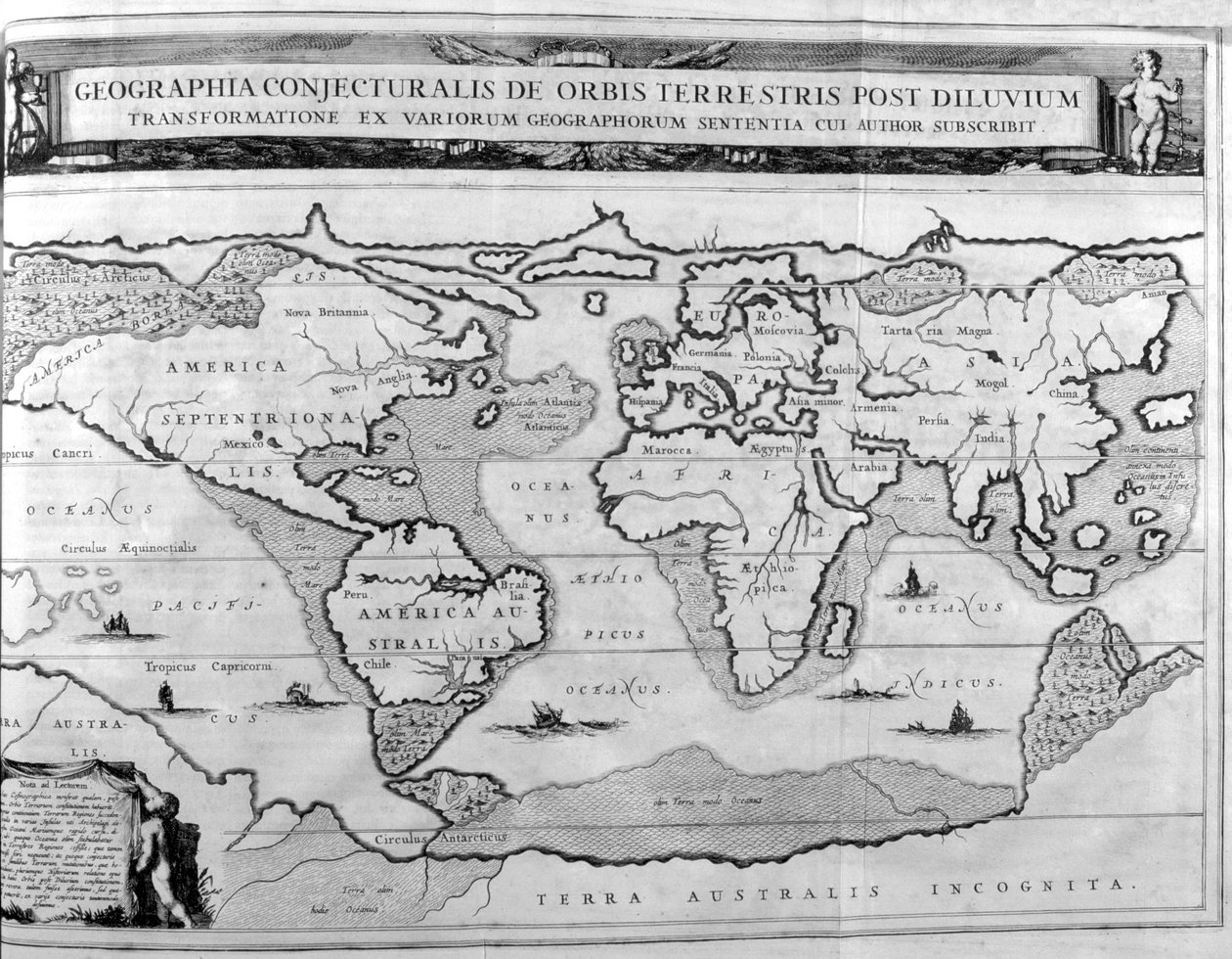 Maantieteellinen kartta maailmasta vedenpaisumusten jälkeen, 1675 tekijältä Athanasius Kircher