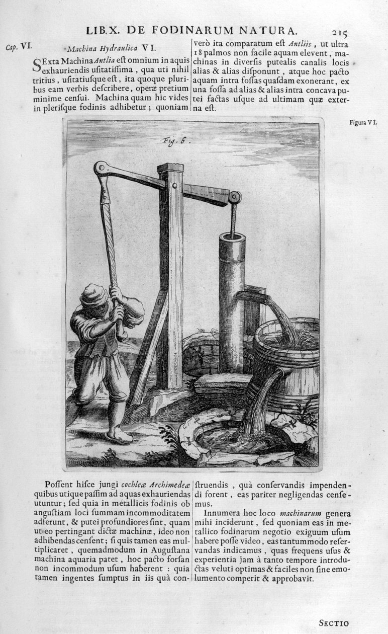 Käsihydraulinen vesipumppu, 1678 tekijältä Athanasius Kircher