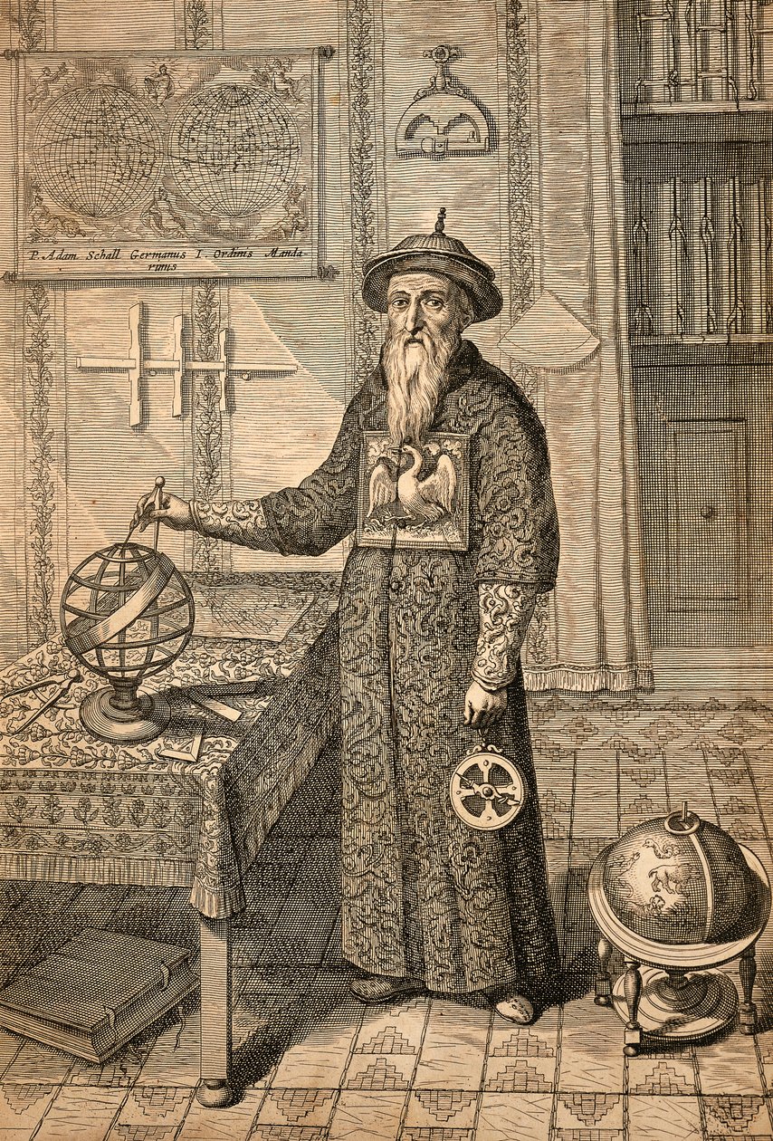 aJesuiita Johann Adam Schall von Bell (1591-1666), Ferdinand Verbiestin edeltäjä, tähtitieteilijä Ming-dynastian hovissa Nanjingissa, pukeutunut mandariinipukuun, Kiinasta monumentis tekijältä Athanasius Kircher