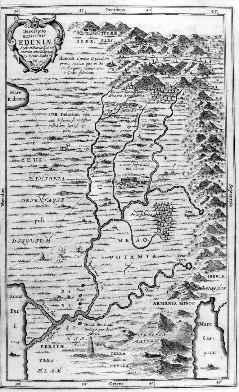 Eedenin puutarhan kartta, 1675 tekijältä Athanasius Kircher