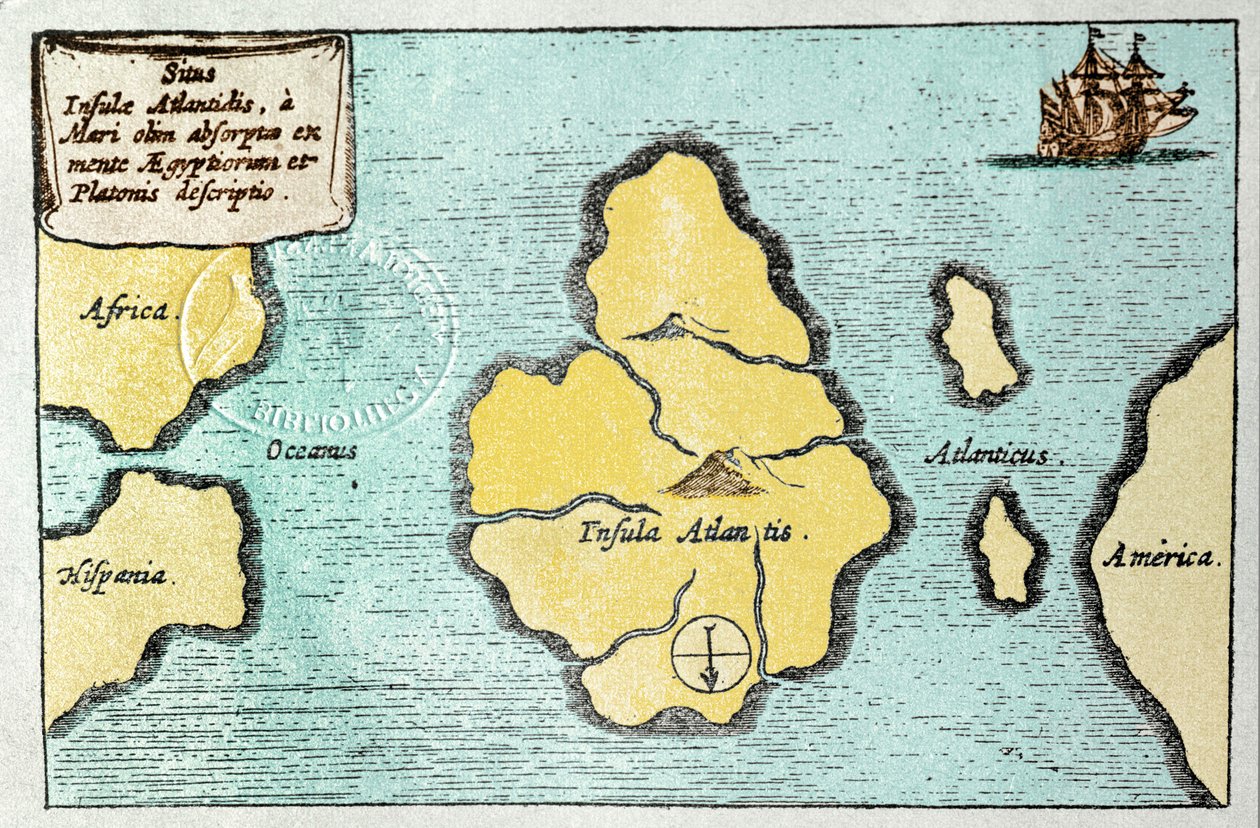 Legendaarisen Atlantiksen saaren kartta - Athanase Kircherin (tai Athanasius Kircherin) Mundus Subterraneuksesta tekijältä Athanasius Kircher