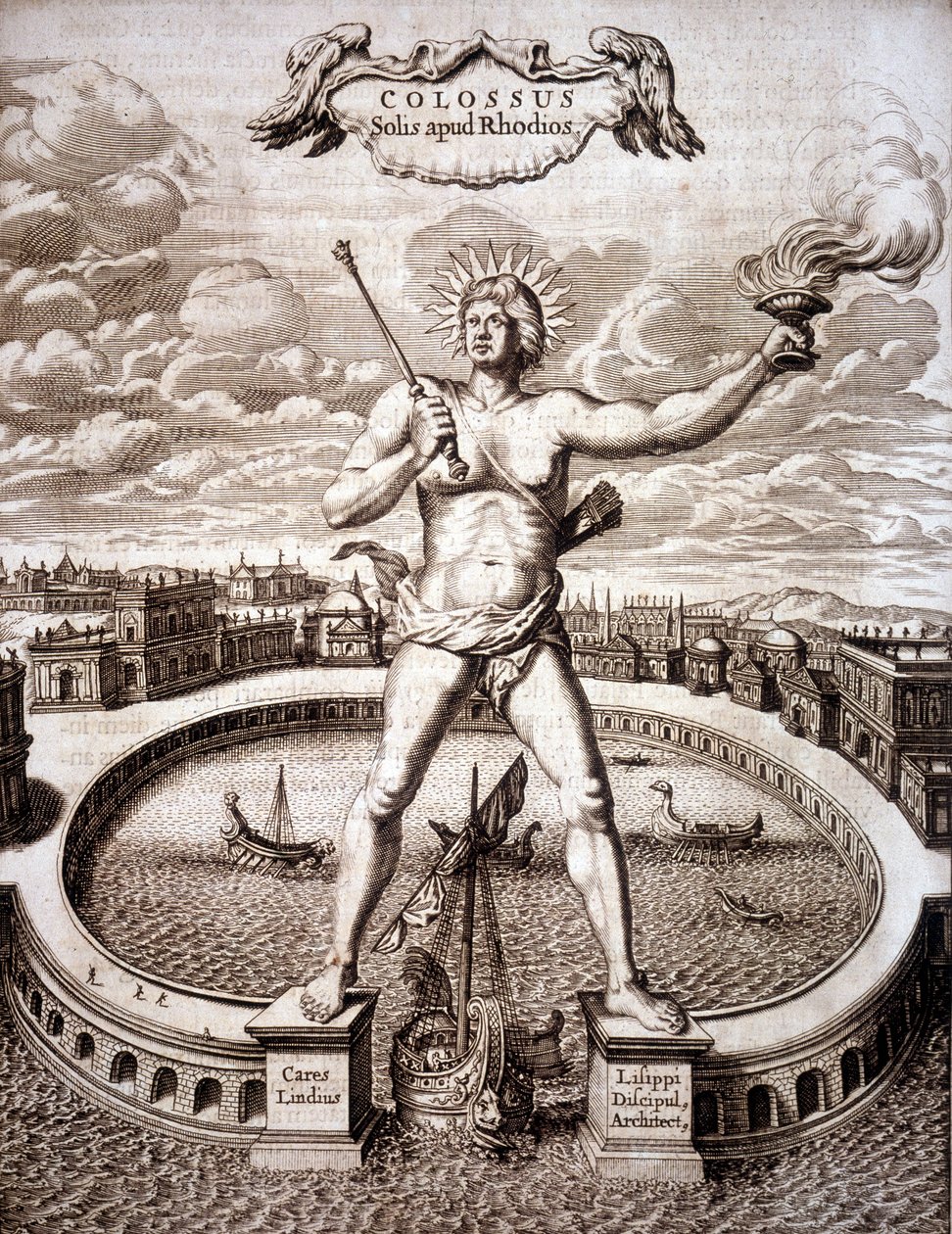 Rodoksen kolossi (Helioksen patsas) sataman sisäänkäynnillä. - Athanasius Kircherin (1601-1680), saksalaisen orientalistin ja tutkijan teoksessa "Turris Babel" tekijältä Athanasius Kircher