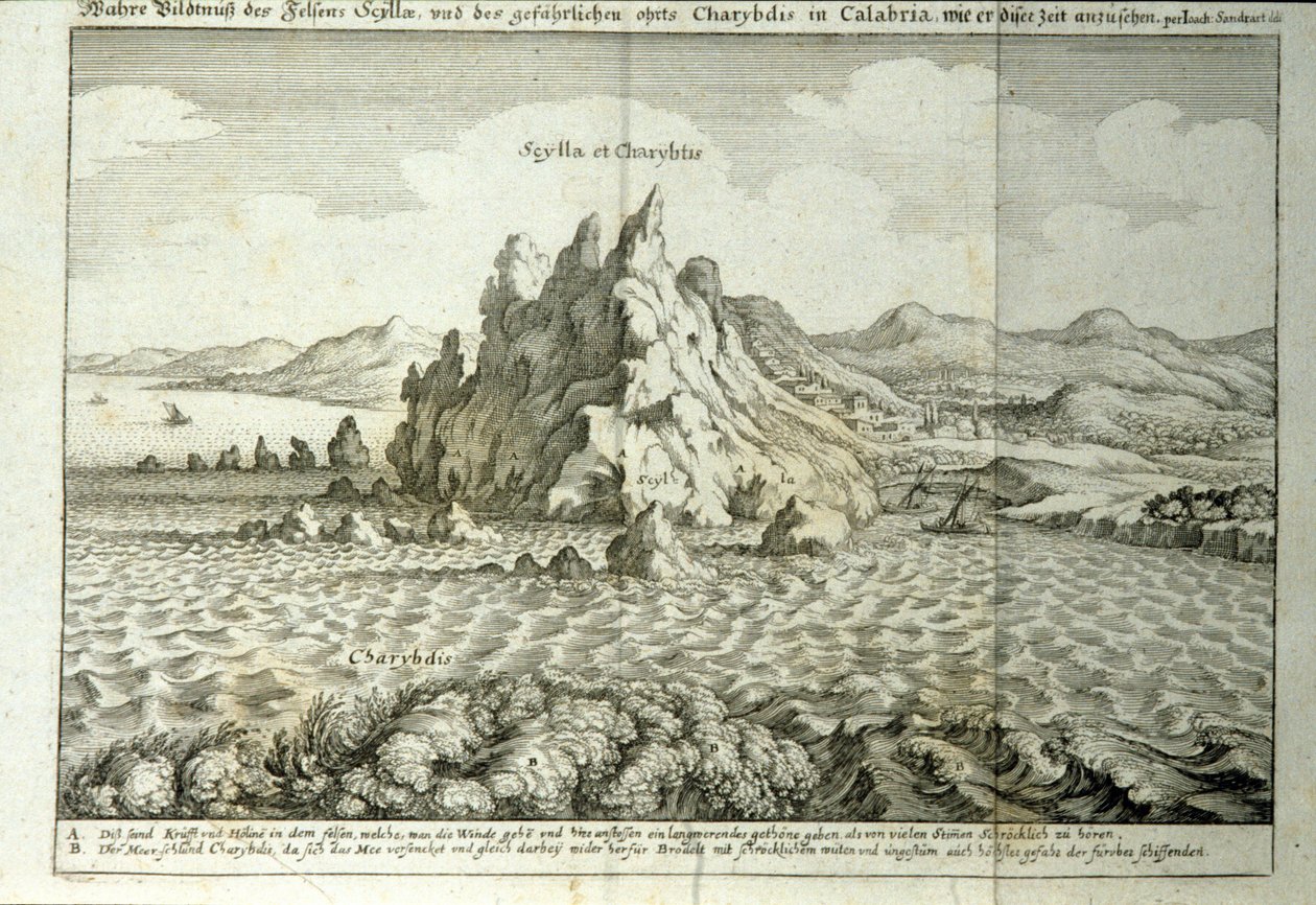 Näkymä "" Charybden"" ja "" Scyllan"" kallioille Messinan Detroitissa, Sisiliassa""" Kaiverrus "" Mundus Subterraneus" - kirjoittaja Athanasius Kircher (1601-1680), jesuiitta, orientalisti ja tutkija 1682 tekijältä Athanasius Kircher