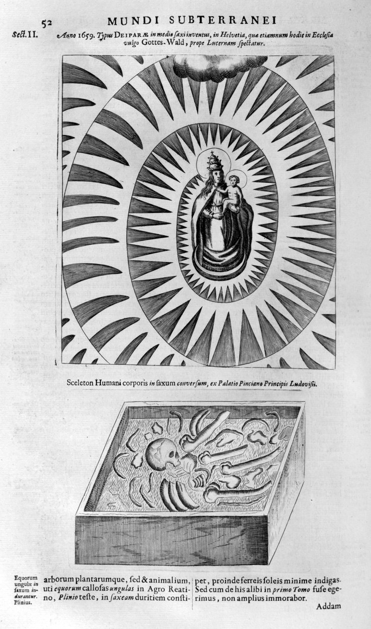 Neitsyt ja lapsi ja ihmisen luuranko, 1678 tekijältä Athanasius Kircher