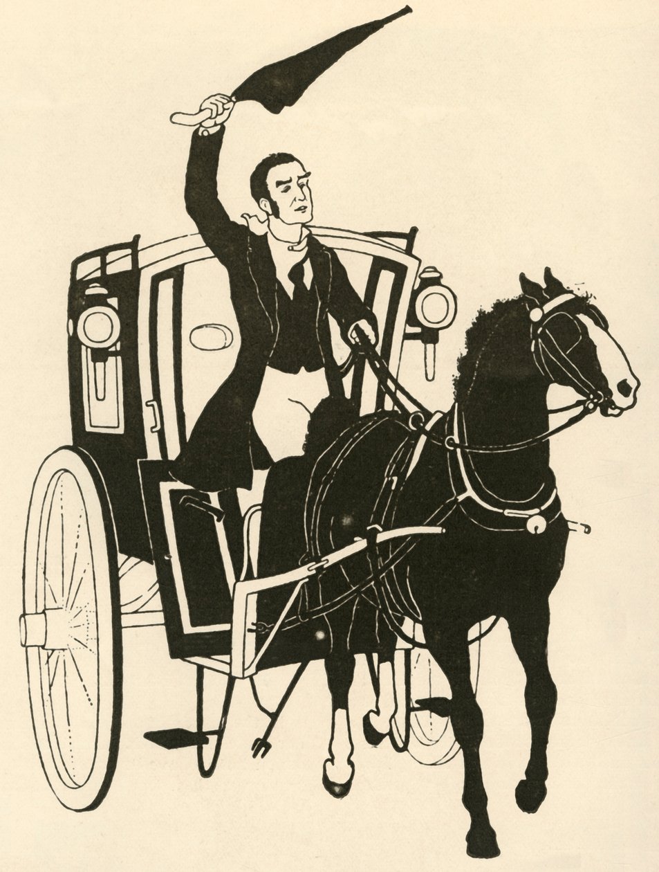 "Ohksiden tarttuminen yhteen käteen ja hevosen yllyttäminen sateenvarjollaan", 1928. tekijältä Athelstan Rusden