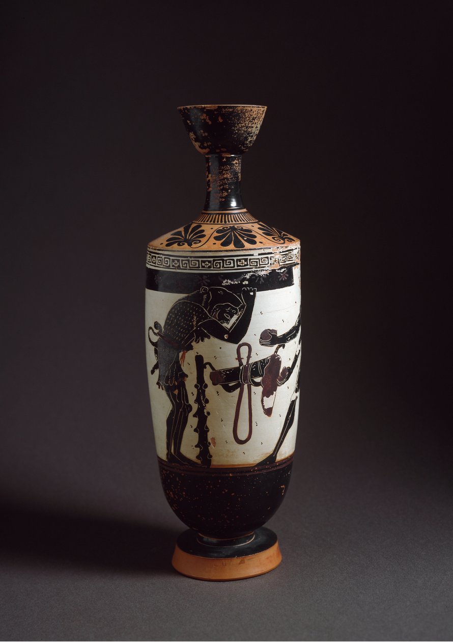Kreikkalainen taide: "" Herakles ja Atlas"" Yksityiskohta Herakles (Hercules) Lekythos (lecyth) valkoinen toteuttaa Athenen taidemaalari (450-400 eKr.). Athenes, kansallinen arkeologinen museo tekijältä Athena Painter (workshop of)
