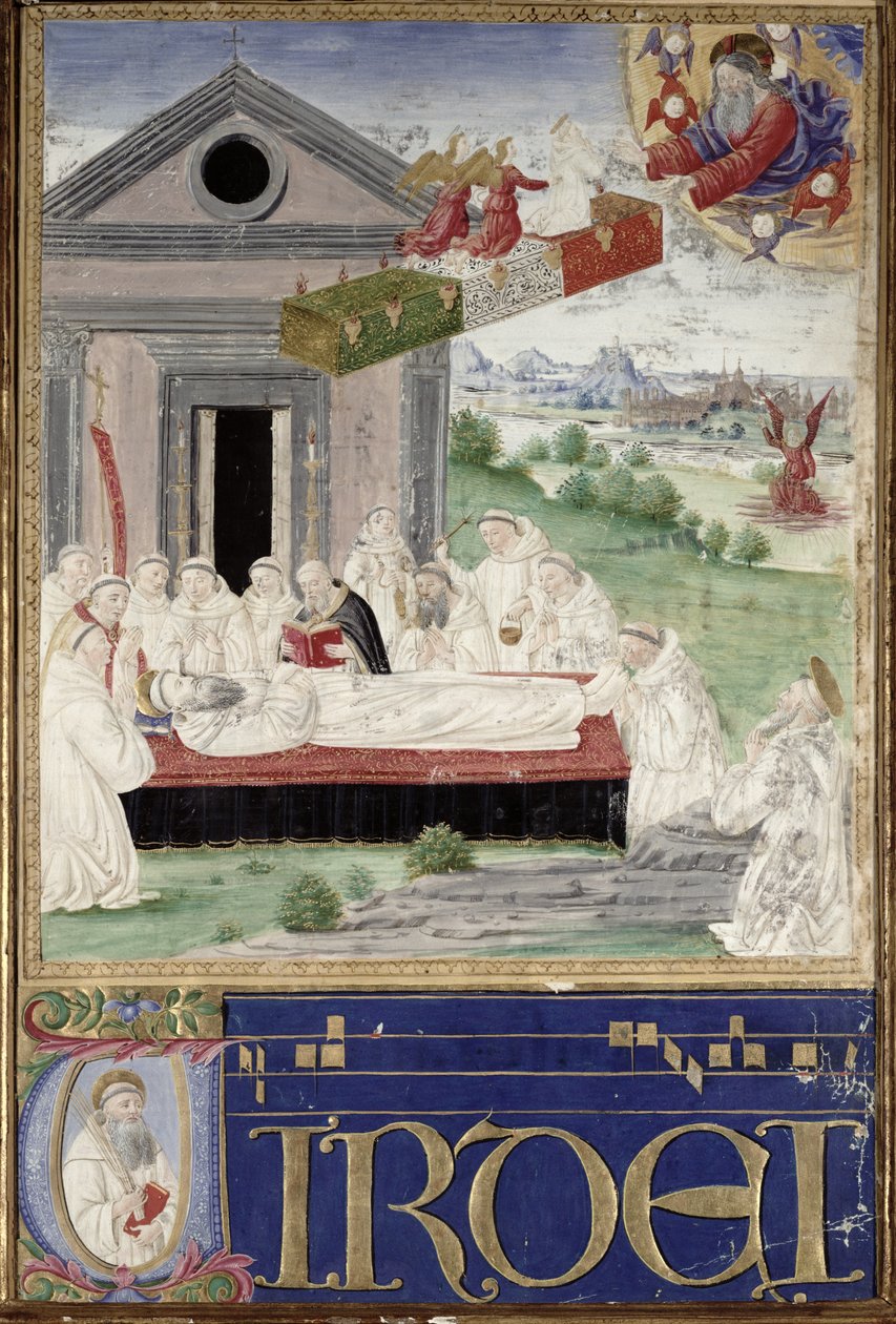 Pyhän Benedictuksen (480-527) hautajaiset Pyhän Romauldin (n.951-1027) kanssa 1502 tekijältä Attavante di Gabriello di Vanti di Bartolo