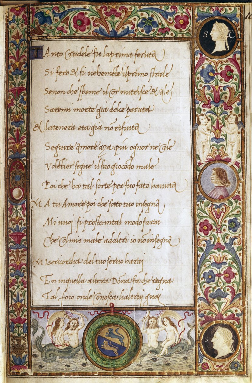Sivu Francesco Petrarcan (Petrarca) (1304-1374) käsikirjoituksesta "Il canzoniere", jonka Attavante dei Attavanti (1452-1525) on valaissut (ms. cl.VIII.684) 1400-luvun Dim. 19 x 12,7 cm Firenze, kansalliskirjasto. tekijältä Attavante di Gabriello di Vanti di Bartolo