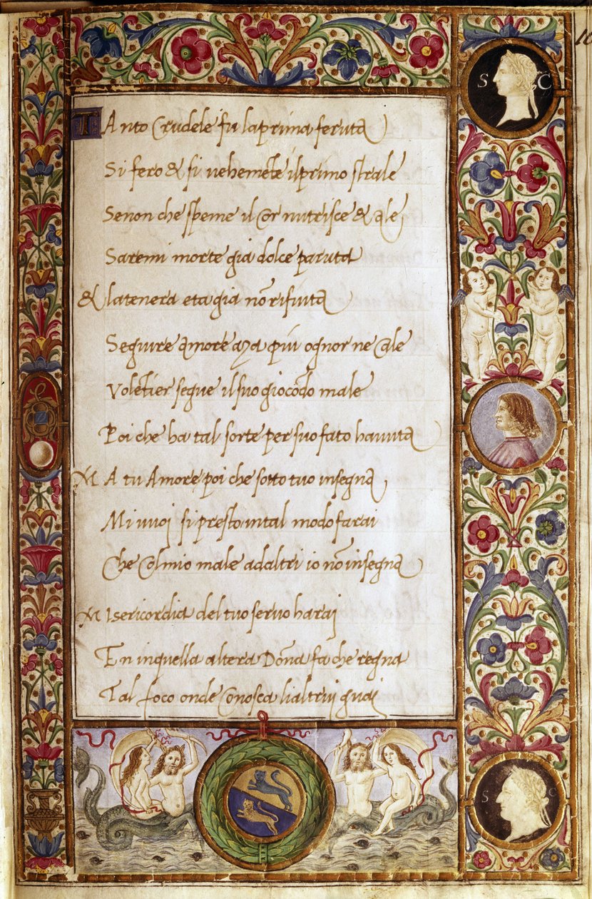 Sivu Francesco Petrarcan (1304-1374) käsikirjoituksesta "Il Canzoniere". Attavante degli Attavanin (1452-1525) miniatyyri, Kansalliskirjasto, Firenze. tekijältä Attavante di Gabriello di Vanti di Bartolo