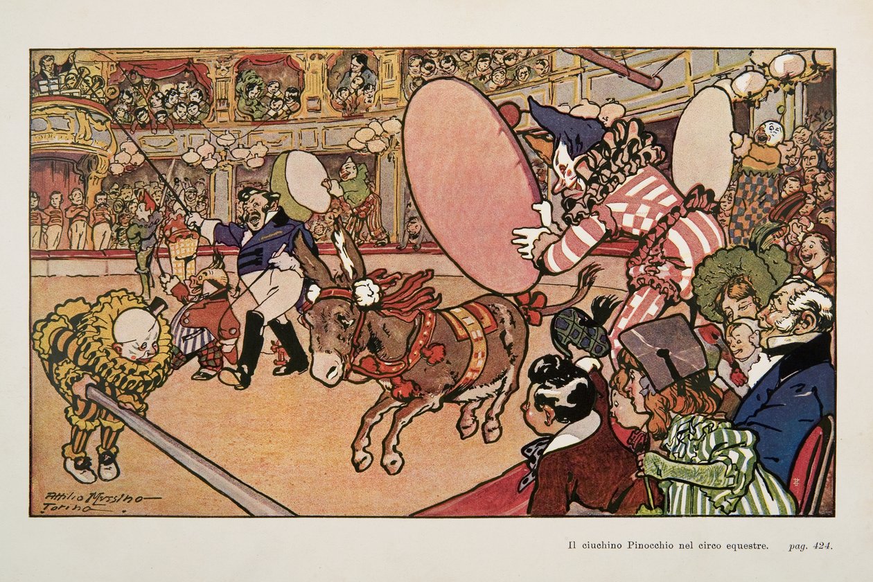 Sirkus ja aasi Pinocchio, kuvitus elokuvasta Pinocchio tekijältä Attilio Mussino
