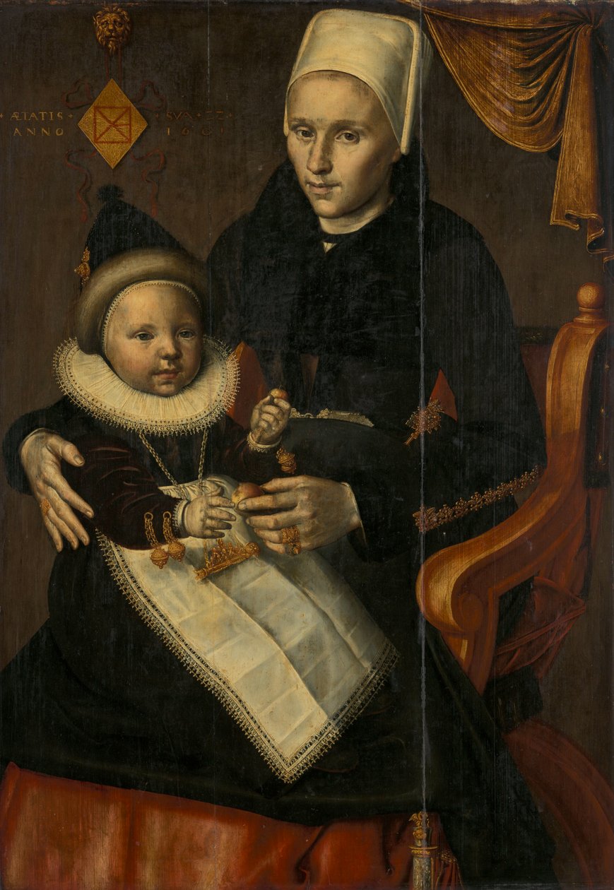 Moeder en kind in Noord-Hollandse dracht. öljy paneelivälineellä QS tekijältä Attributed to Jan Claesz.