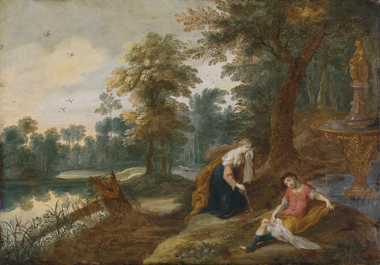 Maisema Pyramuksen ja Thisben kanssa tekijältä Attributed to Jasper van der Lanen  