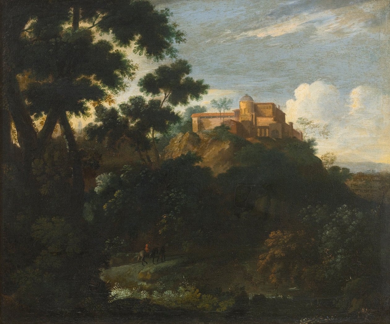 Metsäinen vuoristoinen maisema, jossa on matkustajia radalla, huvila sen ulkopuolella tekijältä Jean Francois Millet
