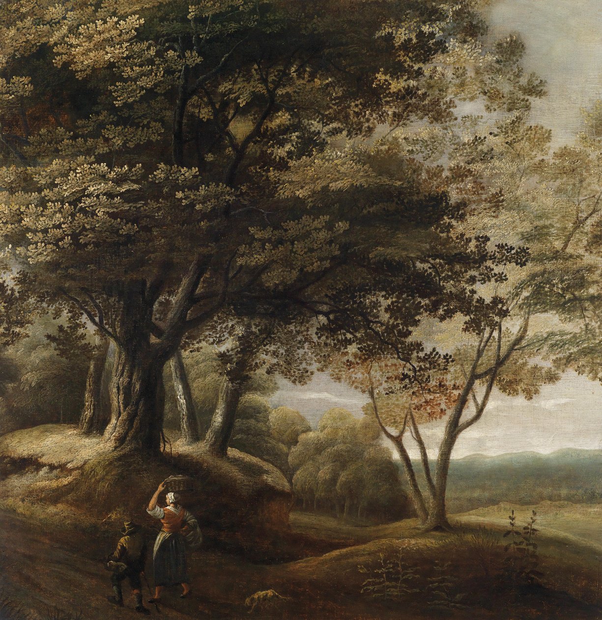 Metsäinen maisema retkeilijöiden kanssa tekijältä Attributed to Lucas Achtschellinck