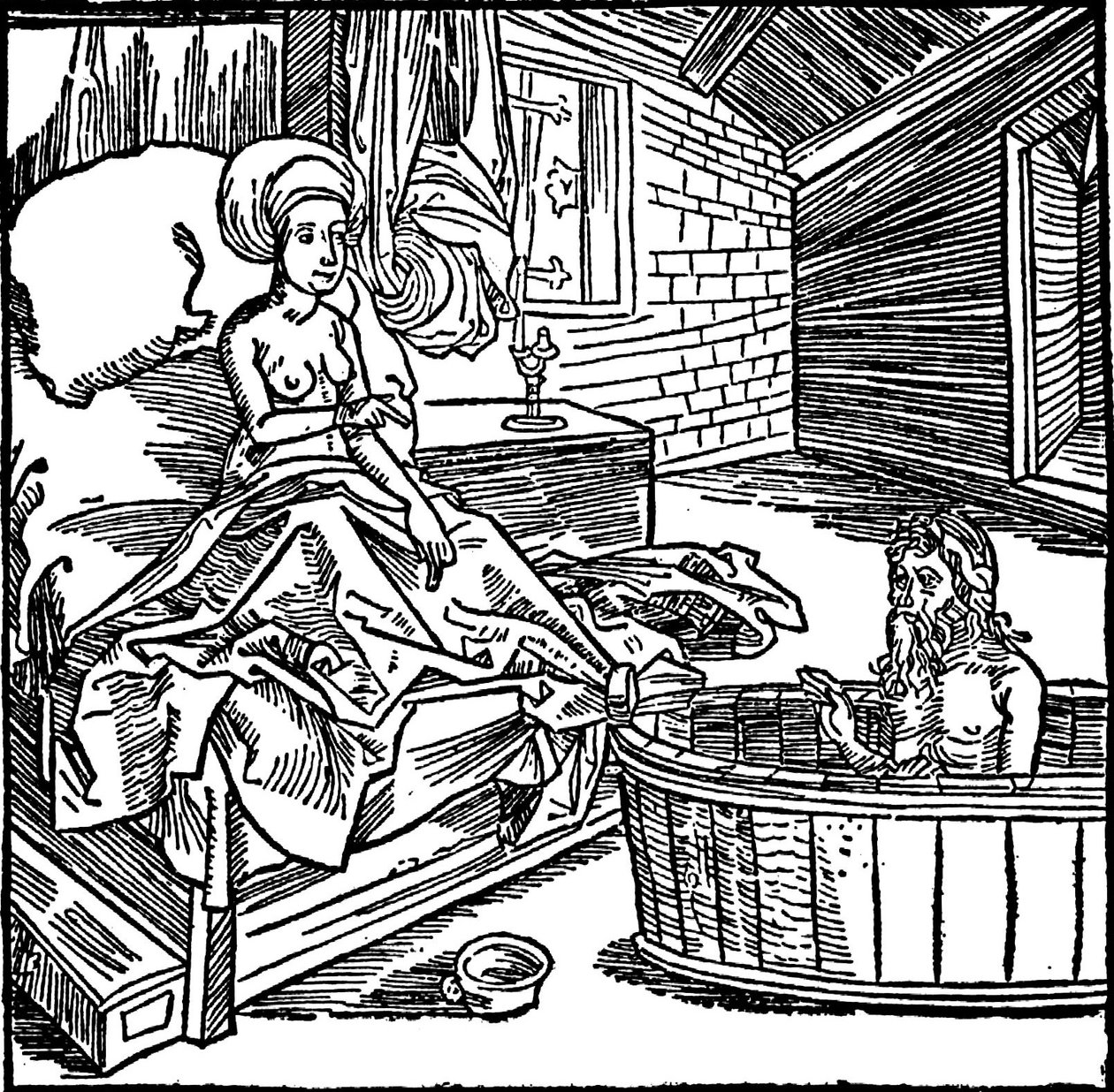 Nainen ja kylpevä erakko. tekijältä attributed to Albrecht Dürer