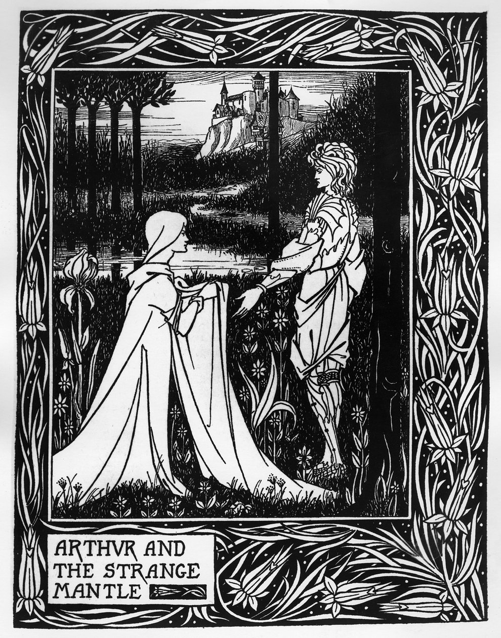 Arthur ja outo vaippa, piirros Sir Thomas Maloryn teoksesta "Le Morte d