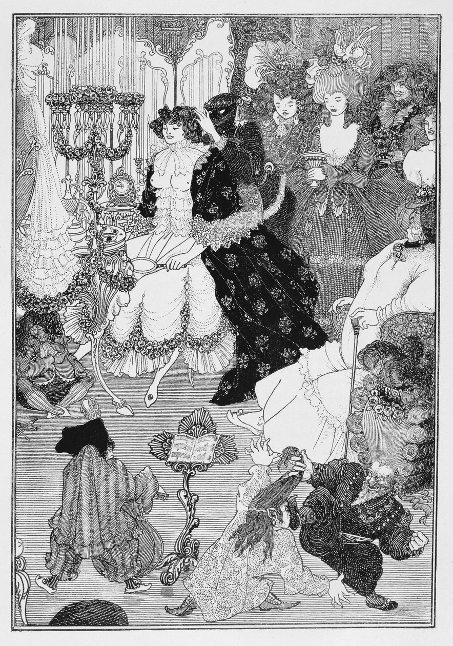 Kuvitus, luultavasti teoksesta The Battle of the Beaux and the Belles, noin 1896. tekijältä Aubrey Beardsley