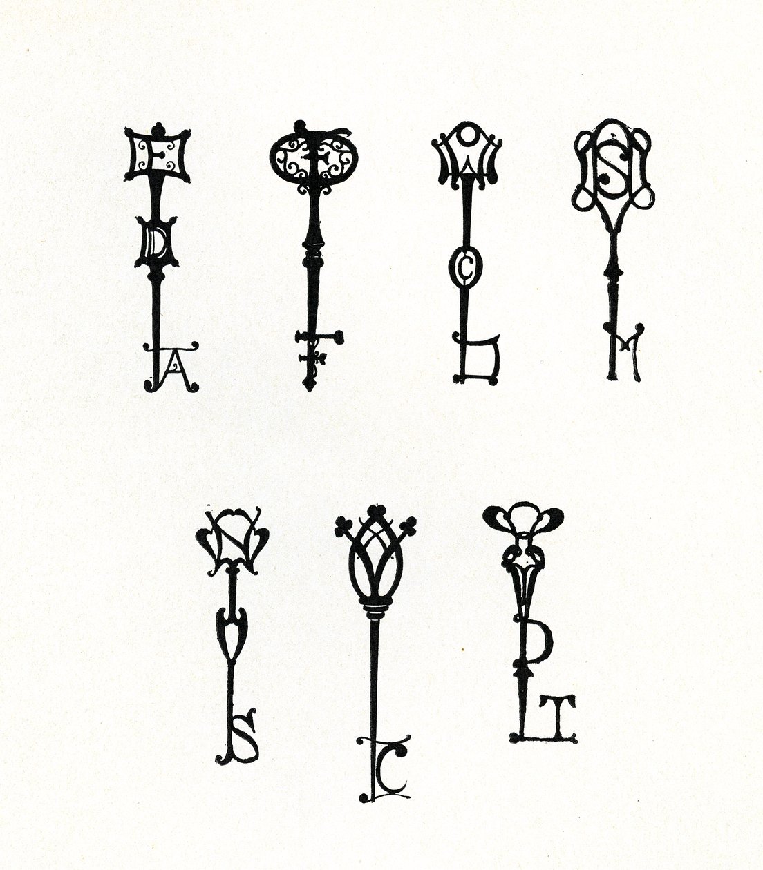 Seitsemän Initial Key -mallia Keynote-sarjan takakansiin tekijältä Aubrey Beardsley