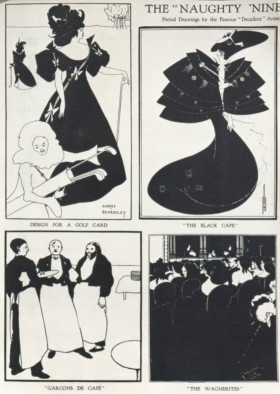 Tuhmat yhdeksänkymppiset, kuuluisan dekadenttitaiteilijan aikalaispiirroksia tekijältä Aubrey Beardsley