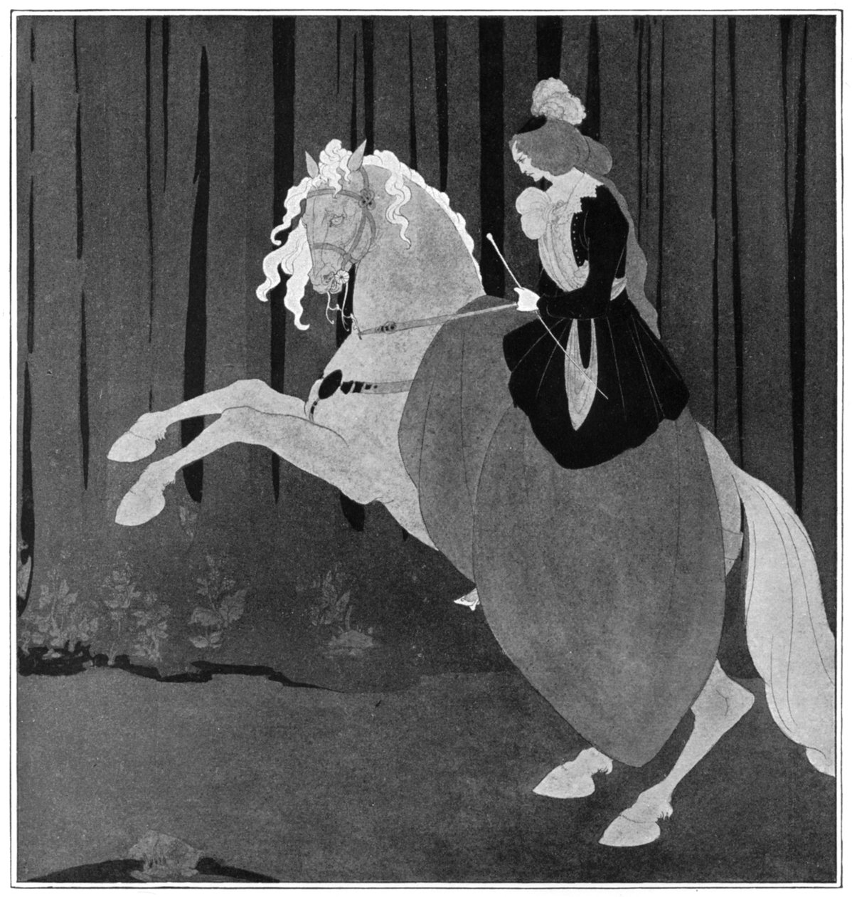 Nainen istumassa kasvatushevosella, 1898. tekijältä Aubrey Beardsley