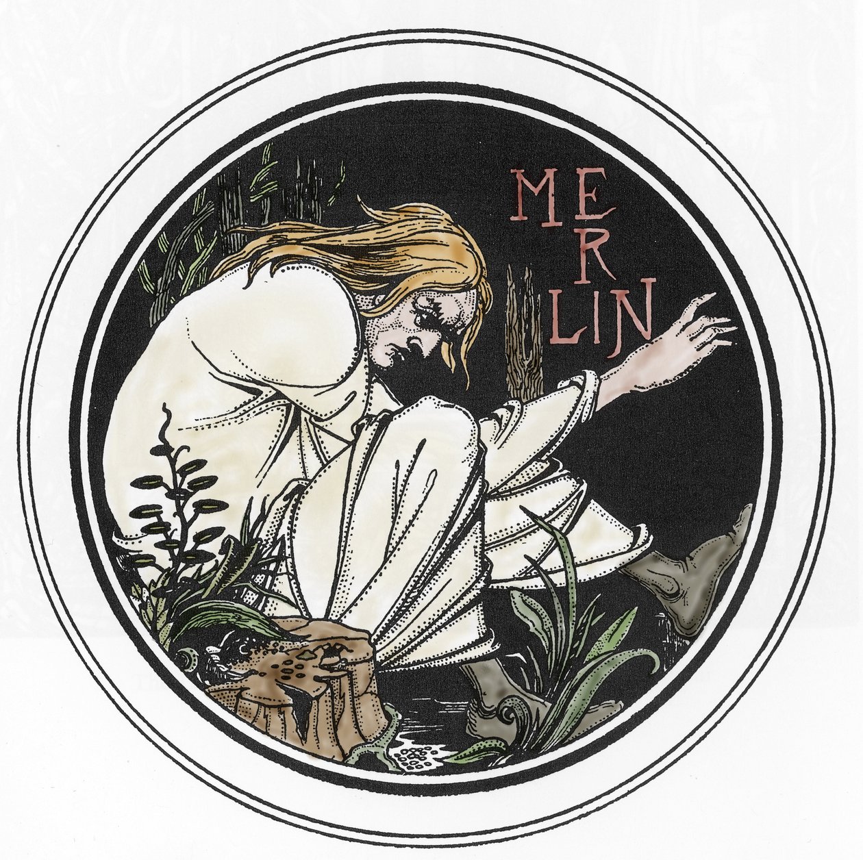 Arthurian Legend: "Merlin the Enchanter"" Kaiverrus Sir Thomas Maloryn "The Morte of Arthur", painoksen kuvittama Aubrey Beardsley (1872-1898) 1893-1894 (Arthurian legenda: Merlin velho, kuvitus Aubrey Beardssley teoksessa 