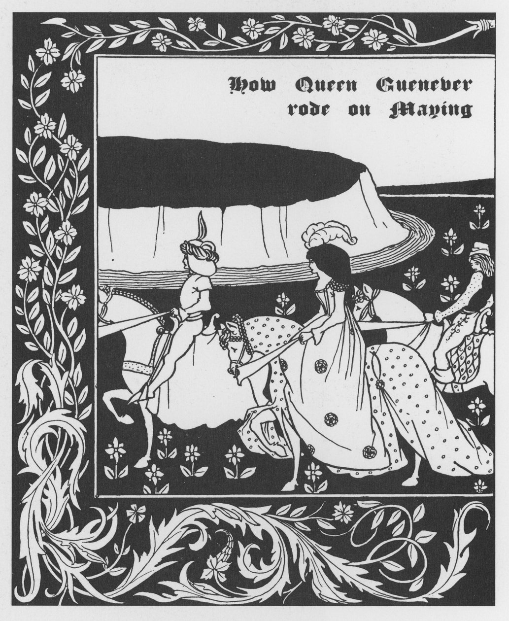 Arthurian legenda: "" Queen Guenievre Queen of May"" Kaiverrus Sir Thomas Maloryn "" The Morte of Arthur" -kirjaan, painos kuvittanut Aubrey Beardsley (1872-1898) 1893-1894 (Arthurian legenda: Queen Guenever (Guinevere) maying , kuvitus Aubrey Beard tekijältä Aubrey Beardsley